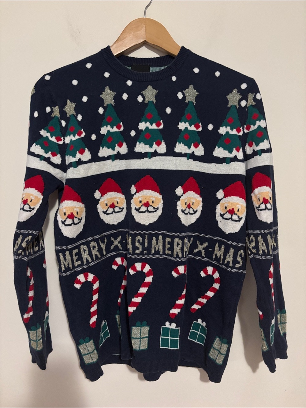 H&M Navy Christmas Sweater with Santa, Trees & Candy Canes